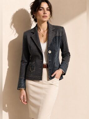 Elisa Cavaletti Klymta Jersey Knit + Denim Blazer Patchwork Asymmetrical Sz M
